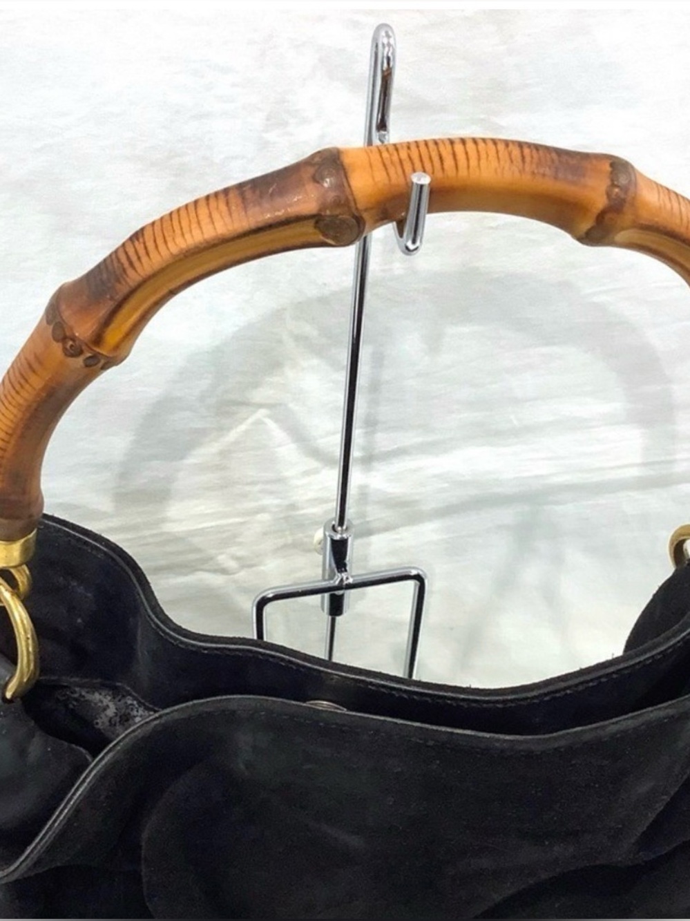 GUCCI Suede Slouchy Bohemian Lady Mob Wives Natural Bamboo Wood Handle Hobo Bag - Picture 7 of 8